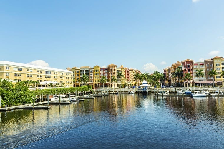 Colorful Spanish influenced buildings overlooking the water in t